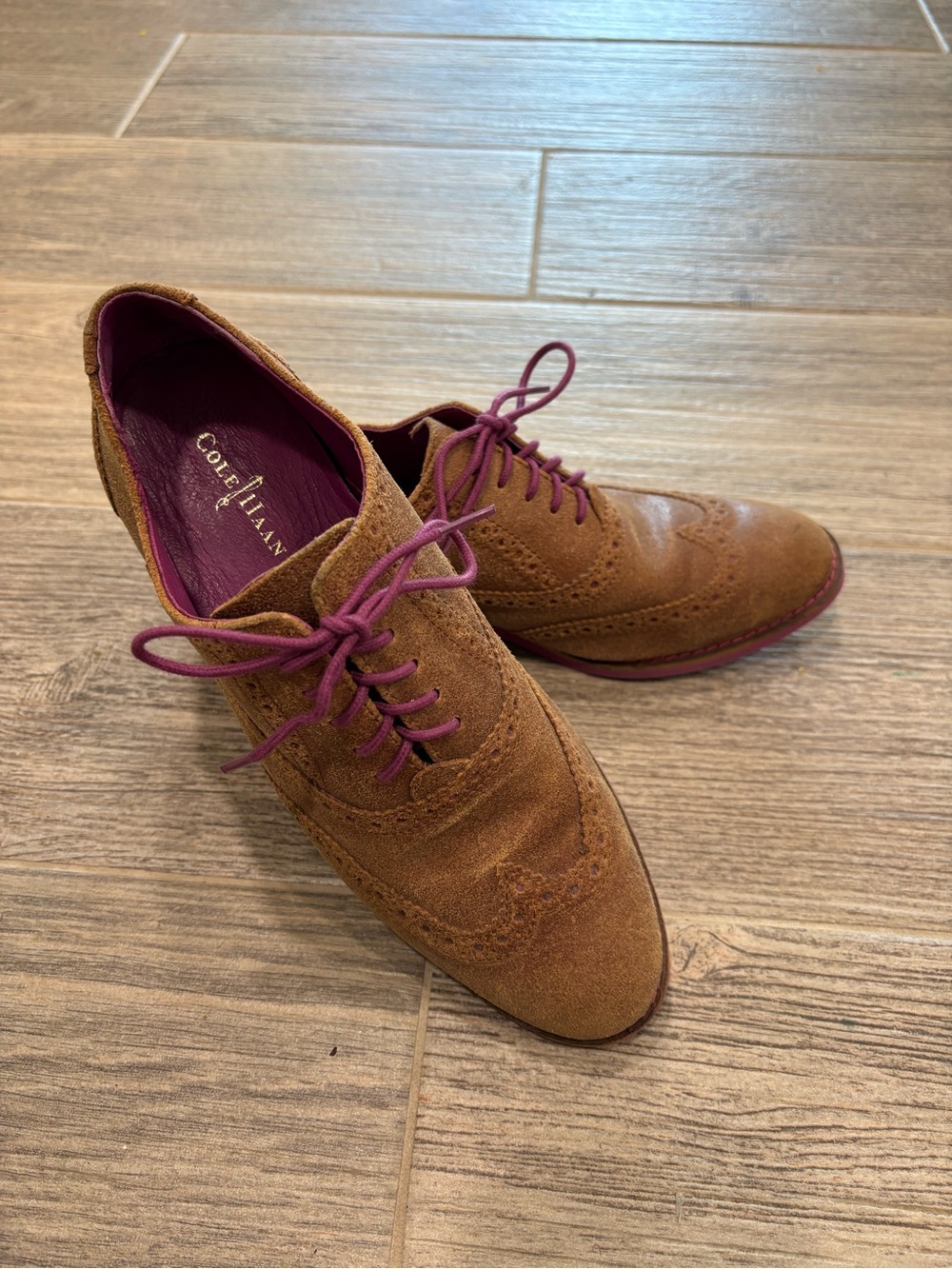Cole Haan Women’s 7.5 Brown Suede Alisa Oxfords with Purple Accents